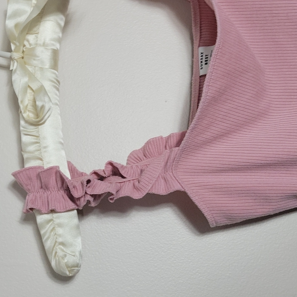 Sunday Best Pink Ruffled Strap Ribbed One-Piece Bodysuit - Picture 2 of 5